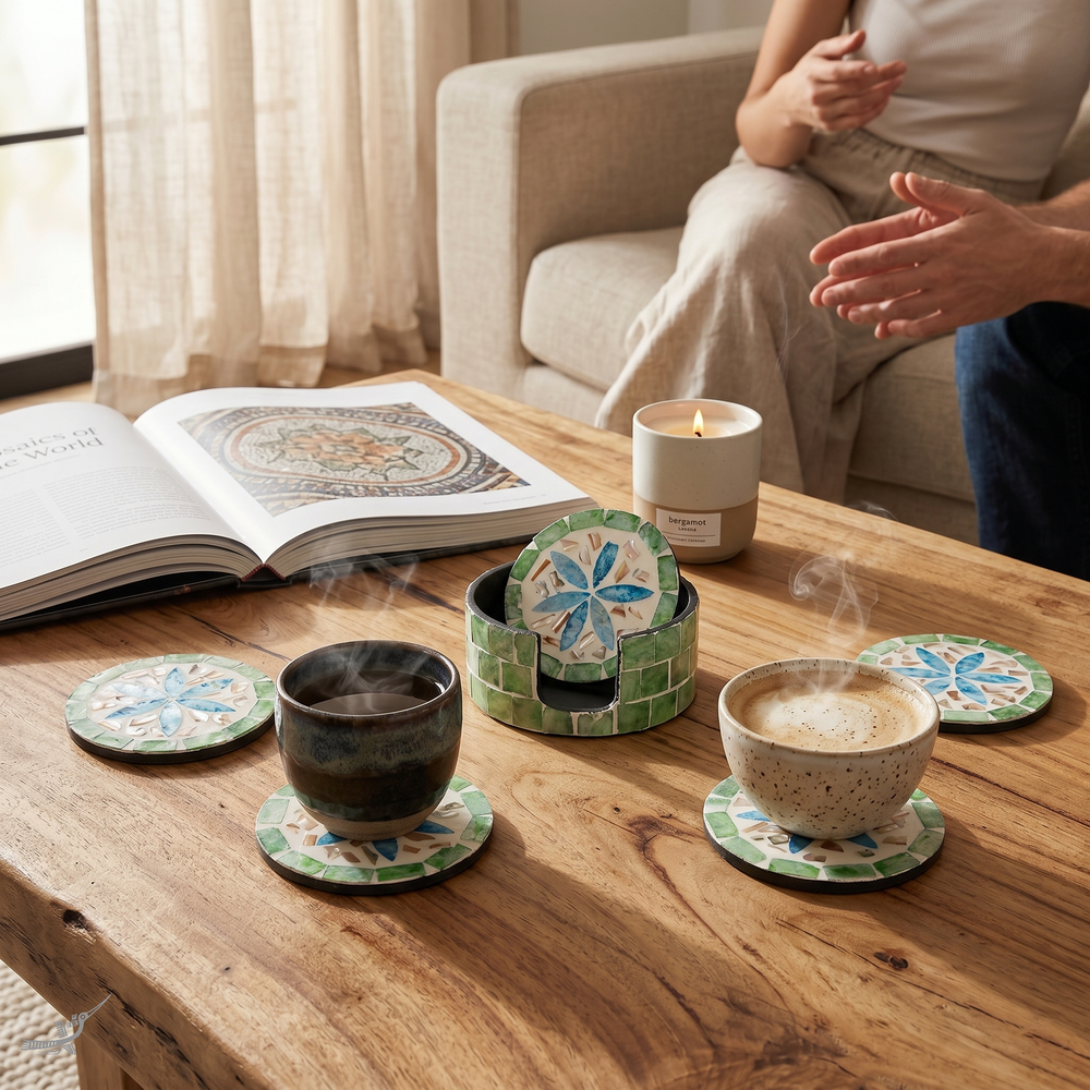 Jardin de Verre - Boxed set of 6 coasters all mother-of-pearl, multicolor floral mosaic – in-use view – Handcrafted product, handmade · Kuênia