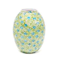 Sirena - Curved vase in mother-of-pearl marquetry, green and blue scales pattern – view 2 – Handcrafted product, handmade · Kuênia
