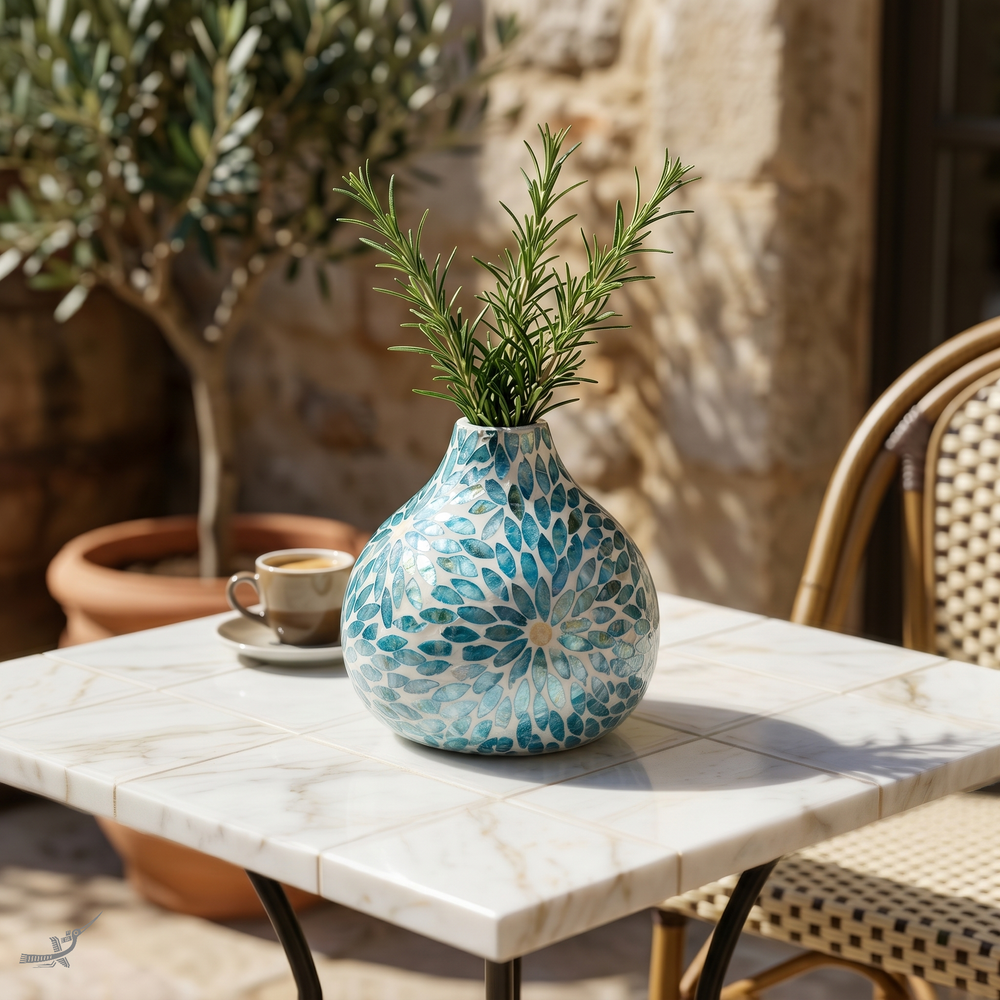 Celesto - Vase décoratif goutte d'eau en marqueterie de nacre bleue, motif floral – vue de détail – Produit artisanal fait à la main · Kuênia
