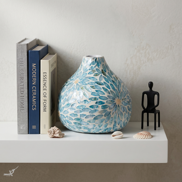 Celesto - Vase décoratif goutte d'eau en marqueterie de nacre bleue, motif floral – vue d'usage – Produit artisanal fait à la main · Kuênia